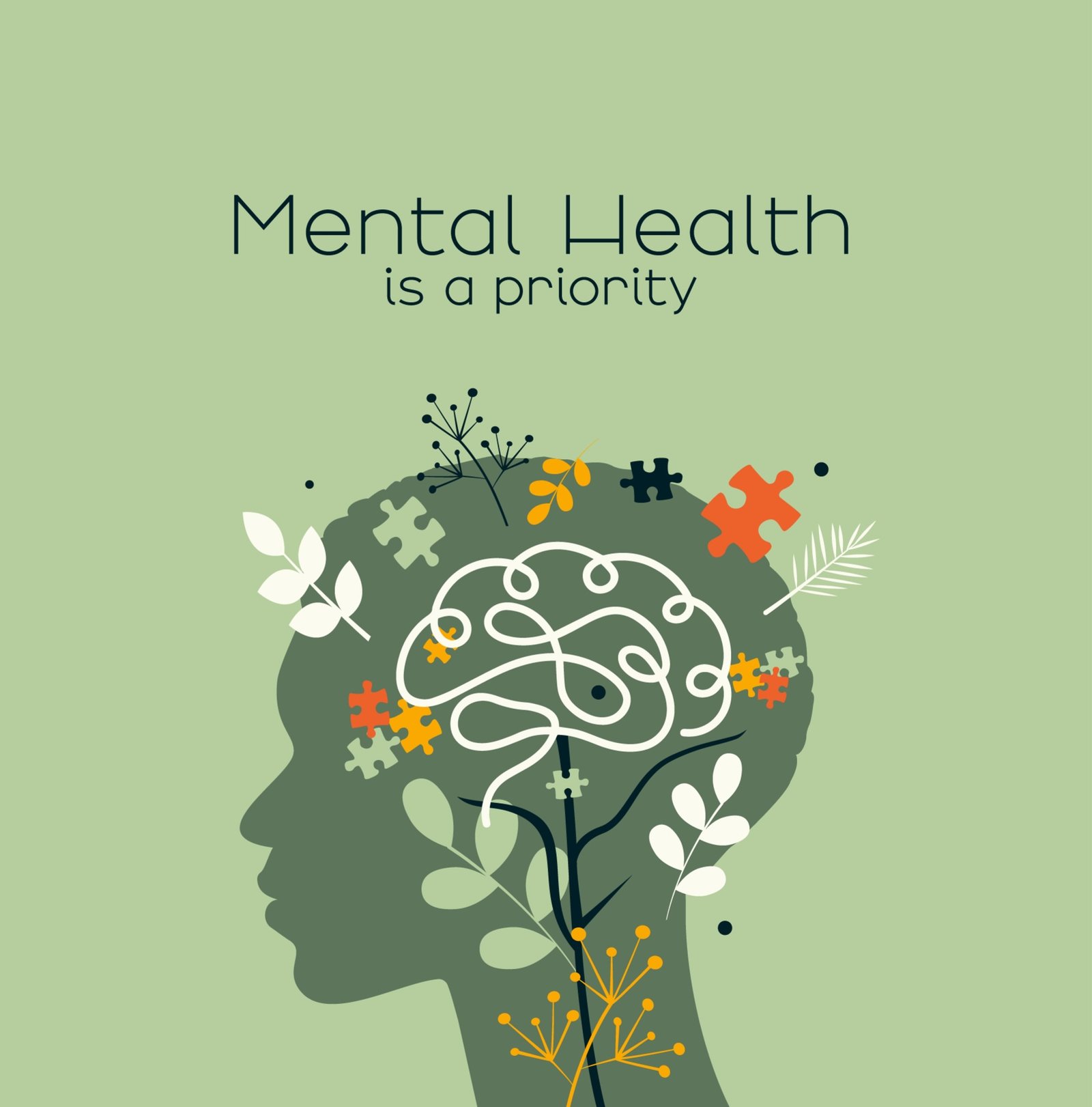 Illustration of a head in profile with a brain, leaves and puzzle pieces, captioned Mental Health is a priority