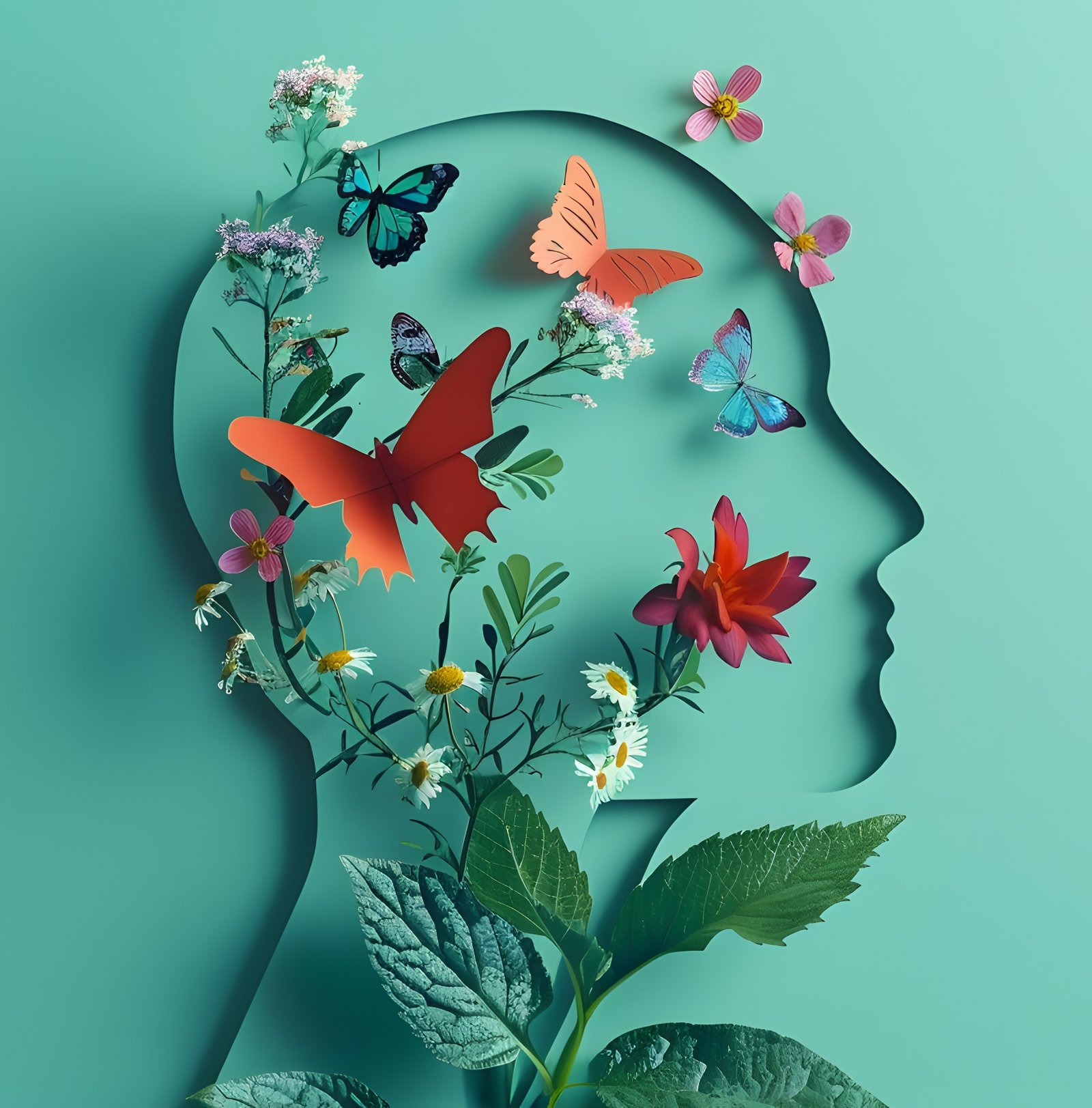 Paper-cut illustration of a head in profile filled with flowers, leaves and butterflies